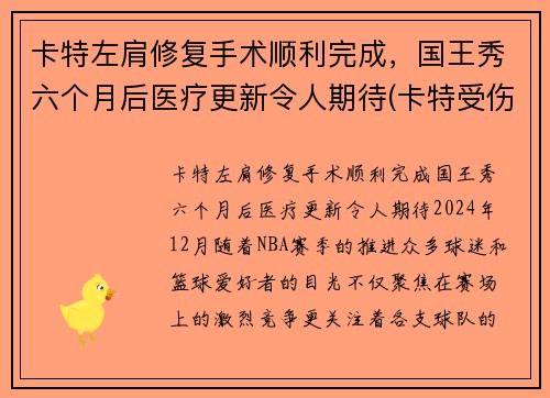 卡特左肩修复手术顺利完成，国王秀六个月后医疗更新令人期待(卡特受伤)